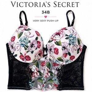 Victoria's Secret Longline Bustier Corset Bra Women 34B Pink Floral Lace Push Up